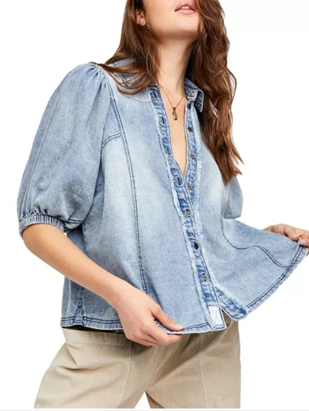 We The Free Suhrie Denim Top Size Small - Picture 2 of 7